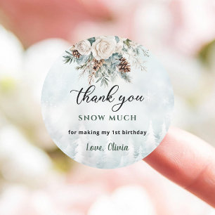 Evergreen Winter First Birthday Thank You Classic Round Sticker