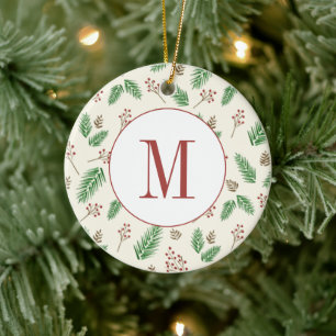 Evergreen Winter Floral Initial Monogram Christmas Ceramic Tree Decoration