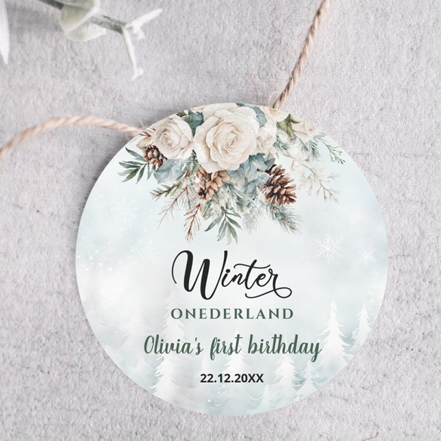 Evergreen Winter Onederland First Birthday Classic Round Sticker (Creator Uploaded)