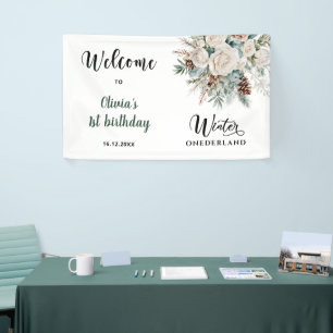 Evergreen Winter Onederland First Birthday Welcome Banner
