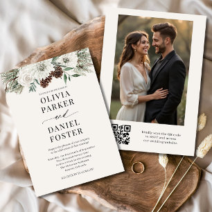Evergreen Winter Photo QR Code Elegant Wedding Invitation