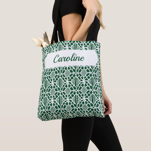 Evergreen With White Crochet Lace Pattern Tote Bag (Close Up)