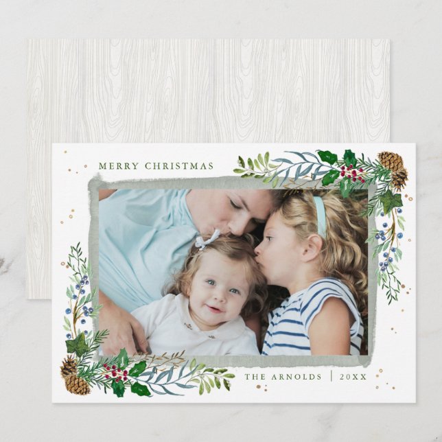 Evergreen Woodland Framed Photo Christmas card (Front/Back)