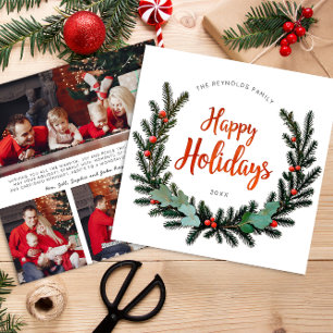 Evergreen Wreath 3 Photo Family Holiday Card