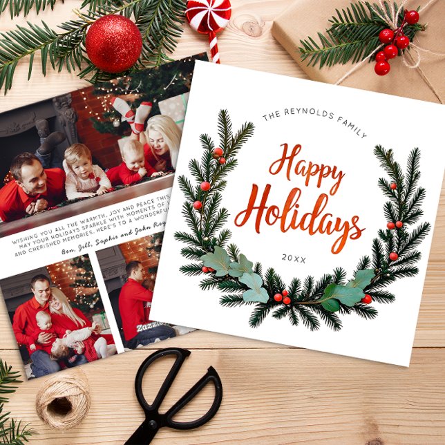 Evergreen Wreath 3 Photo Family Holiday Card (3 Photo Holiday Card)