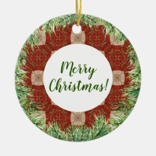 Evergreen Wreath And Red Pattern Ceramic Tree Decoration