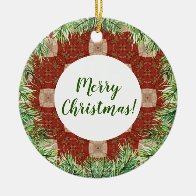Evergreen Wreath And Red Pattern Ceramic Tree Decoration (Front)