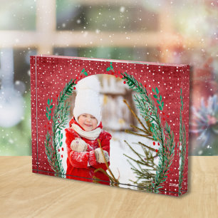 Evergreen Wreath on Red Christmas Photo Block