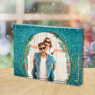 Evergreen Wreath on Turquoise Christmas Photo Block