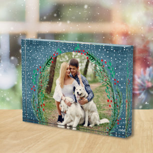 Evergreen Wreath Snow Christmas Denim Blue Photo Block