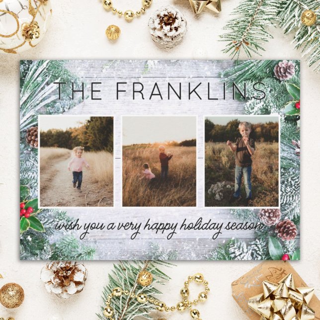 Evergreens and Rustic Wood Christmas Photo  Holiday Card (Creator Uploaded)