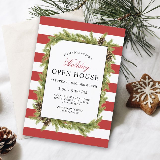 Evergreens and Stripes Holiday Open House Invitation (A festive holiday open house invitation in red and white stripes with evergreens.)