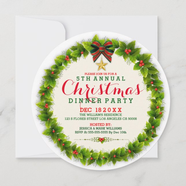Evergreens christmas wreath dinner invite (Back)