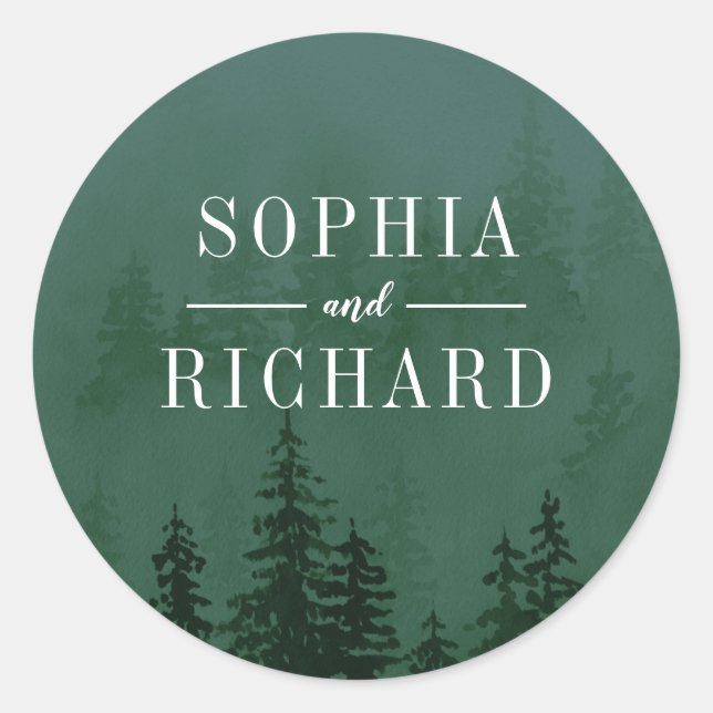 Evergreens in the Fog Forest Dark Green Wedding Classic Round Sticker (Front)
