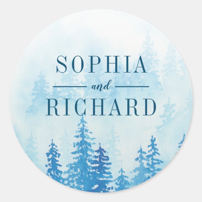 Evergreens in the Fog Forest in Blue Wedding Classic Round Sticker (Front)