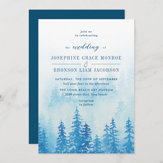 Evergreens in the Fog Forest in Blue Wedding Invitation (Front/Back)