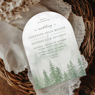 Evergreens in the Fog Forest in Green Wedding arch Invitation