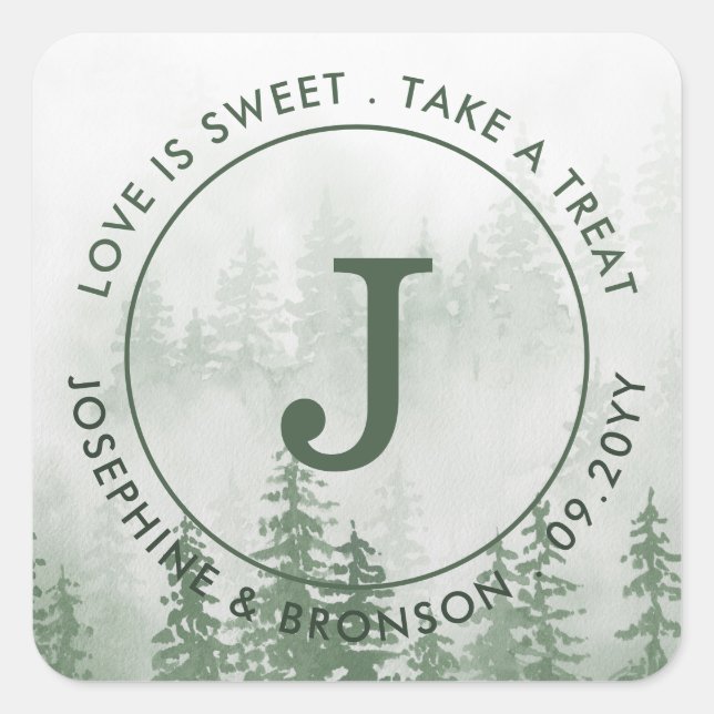 Evergreens in the Fog Forest Mountain Favour Square Sticker (Front)