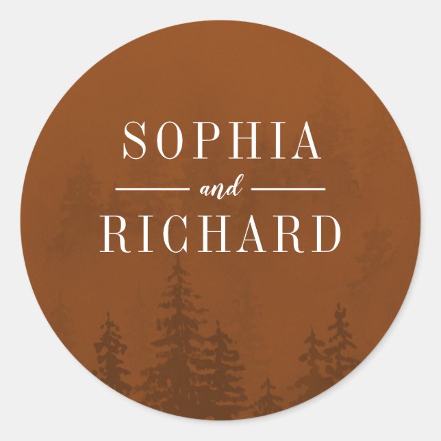 Evergreens in the Fog Forest Rust Orange Wedding Classic Round Sticker (Front)