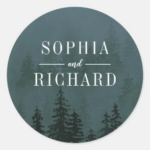 Evergreens in the Fog Forest Slate Blue Wedding Classic Round Sticker