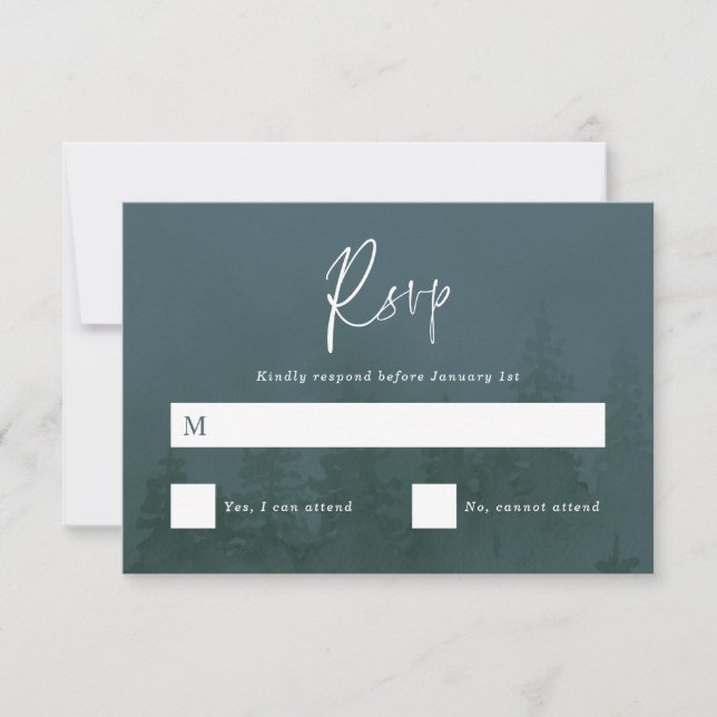 Evergreens in the Foggy Forest Dark Teal RSVP Card (Front)