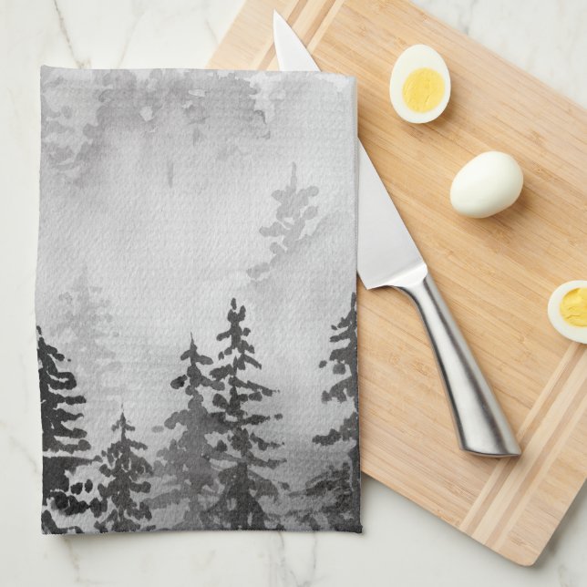 Evergreens in the Forest Foggy Mountain in Black Tea Towel (Quarter Fold)