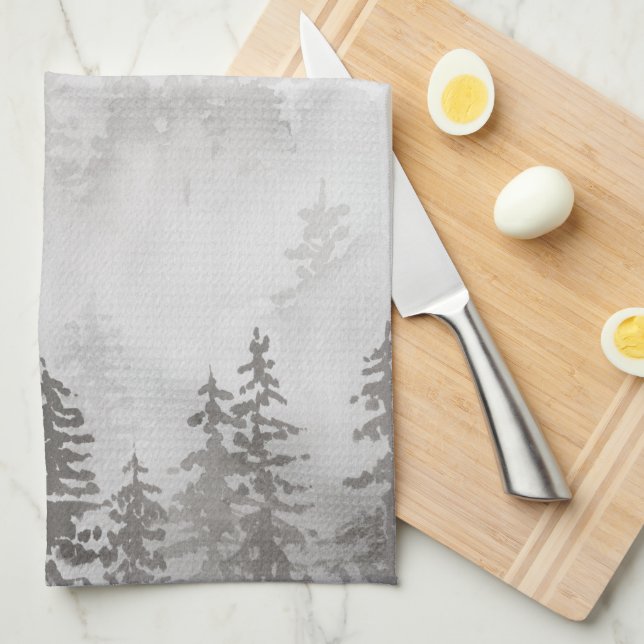 Evergreens in the Forest Foggy Mountain in Grey Tea Towel (Quarter Fold)