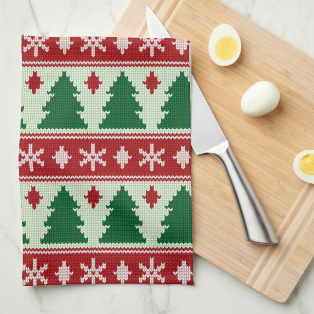 Evergreens & Snowflakes Knit Tea Towel (Quarter Fold)