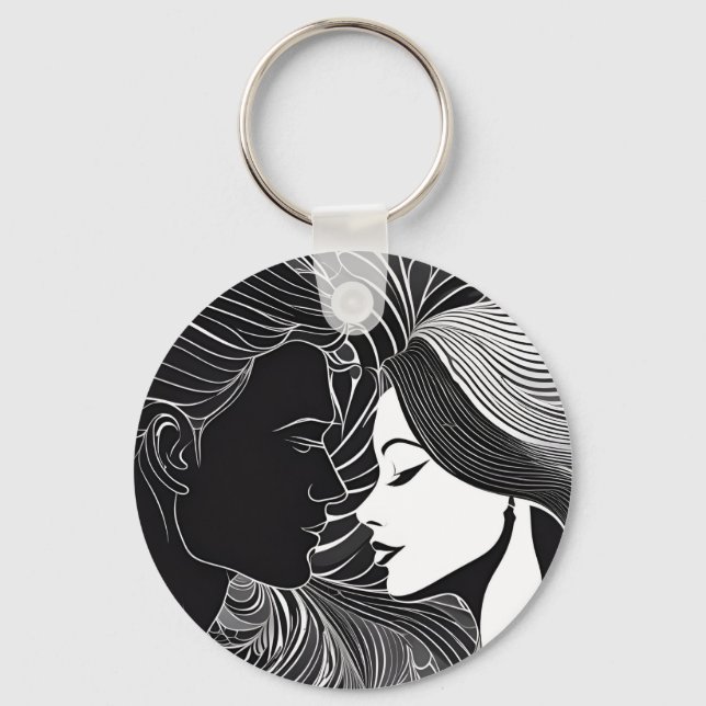 Everlasting Kiss: Black & White Silhouette Lovers Key Ring (Front)