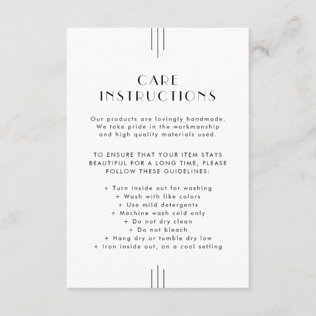 EVERLY Art Deco Business Product Care Instructions Enclosure Card (Front)