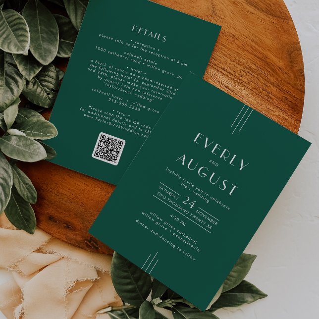 EVERLY Art Deco Emerald Green QR Code Wedding Invitation (EVERLY Art Deco Emerald Green QR Code Wedding Invitation)