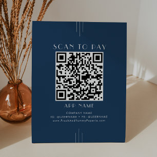 EVERLY Art Deco Navy Blue Business Scan To Pay Pedestal Sign