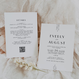 EVERLY Art Deco Simple White Black QR Code Wedding Invitation