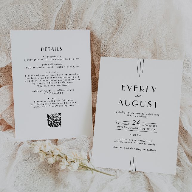 EVERLY Art Deco Simple White Black QR Code Wedding Invitation (EVERLY Art Deco Simple White Black QR Code Wedding Invitation)