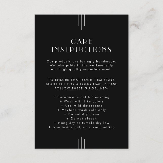 EVERLY Black Business Product Care Instructions Enclosure Card (Front)