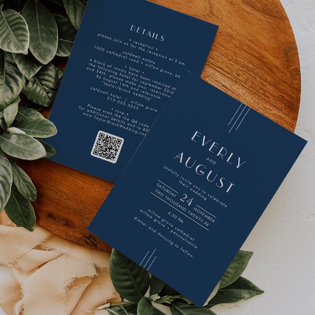 EVERLY Classic Art Deco Navy Blue QR Code Wedding Invitation (EVERLY Classic Art Deco Navy Blue QR Code Wedding Invitation)