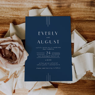 EVERLY Classic Modern Art Deco Navy Blue Wedding Invitation
