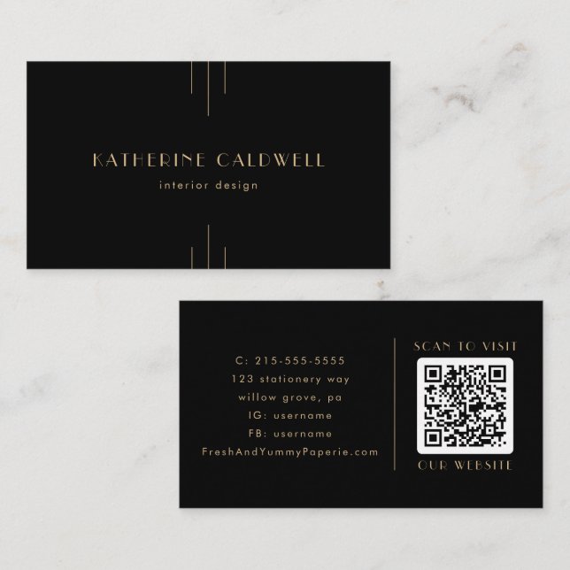 EVERLY Elegant Art Deco Black and Gold QR Code Business Card (Front/Back)