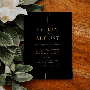 EVERLY Elegant Art Deco Black and Gold Wedding Invitation