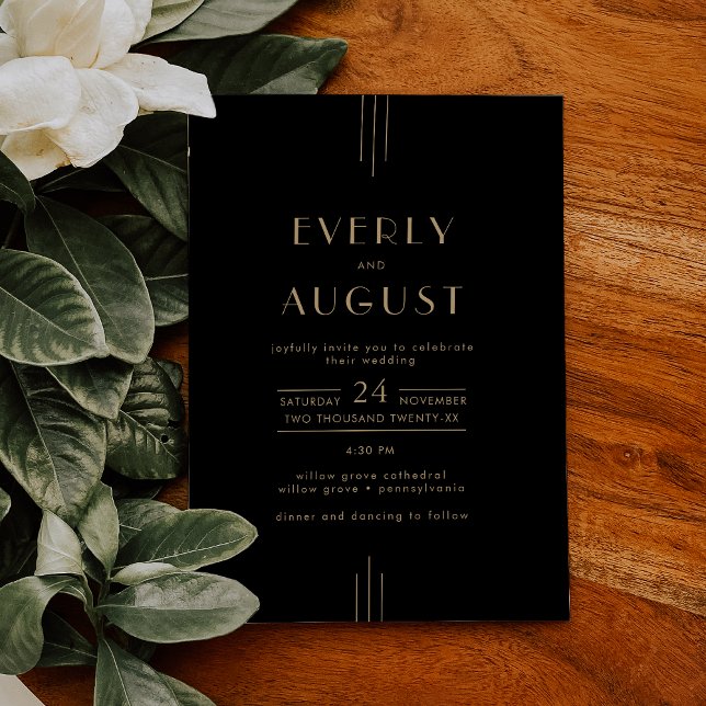 EVERLY Elegant Art Deco Black and Gold Wedding Invitation (EVERLY Elegant Art Deco Black and Gold Wedding Invitation)
