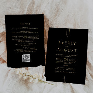 EVERLY Elegant Art Deco Black Gold QR Code Wedding Invitation