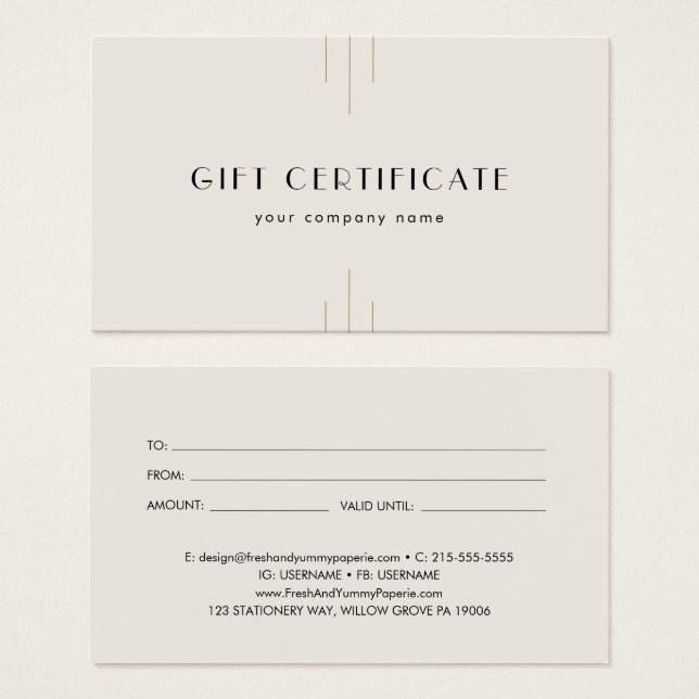 EVERLY Ivory Gold Black Business Gift Certificate (Front & Back)