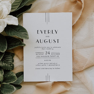 EVERLY Minimalist Art Deco White and Black Wedding Invitation