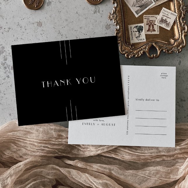 EVERLY Modern Art Deco Black Wedding Thank You Postcard (EVERLY Modern Art Deco Black Wedding Thank You Postcard)
