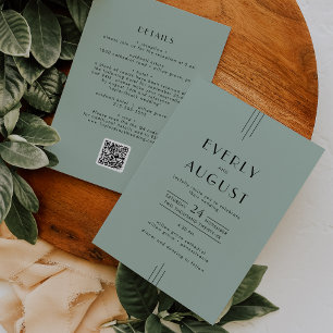 EVERLY Modern Art Deco Sage Green QR Code Wedding Invitation
