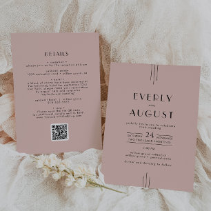 EVERLY Retro Art Deco Blush Pink QR Code Wedding Invitation