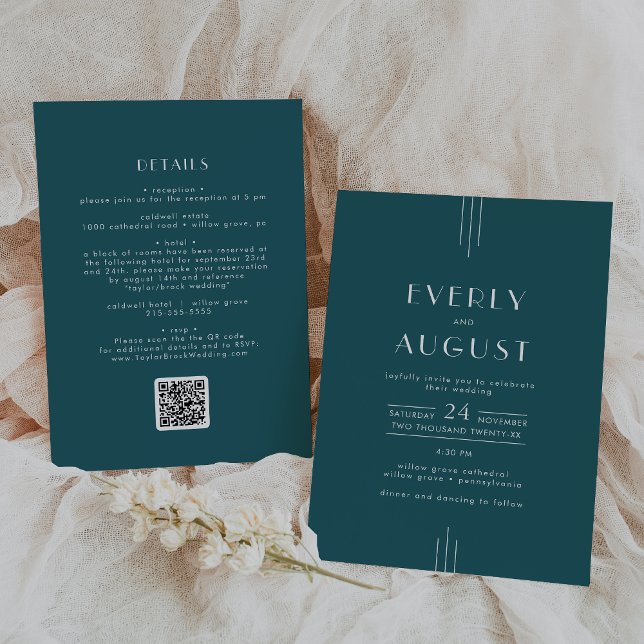 EVERLY Retro Art Deco Peacock Teal QR Code Wedding Invitation (EVERLY Retro Art Deco Peacock Teal QR Code Wedding Invitation)