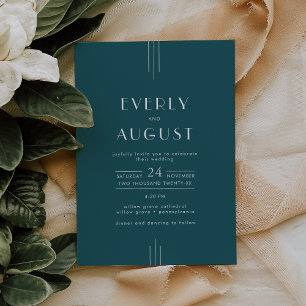 EVERLY Simple Retro Art Deco Peacock Teal Wedding Invitation