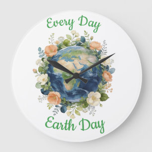 Every Day Earth Day Floral Wreath Earth Large Clock