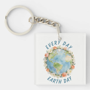Every Day Earth Day Wreath Floral Watercolor Art Key Ring